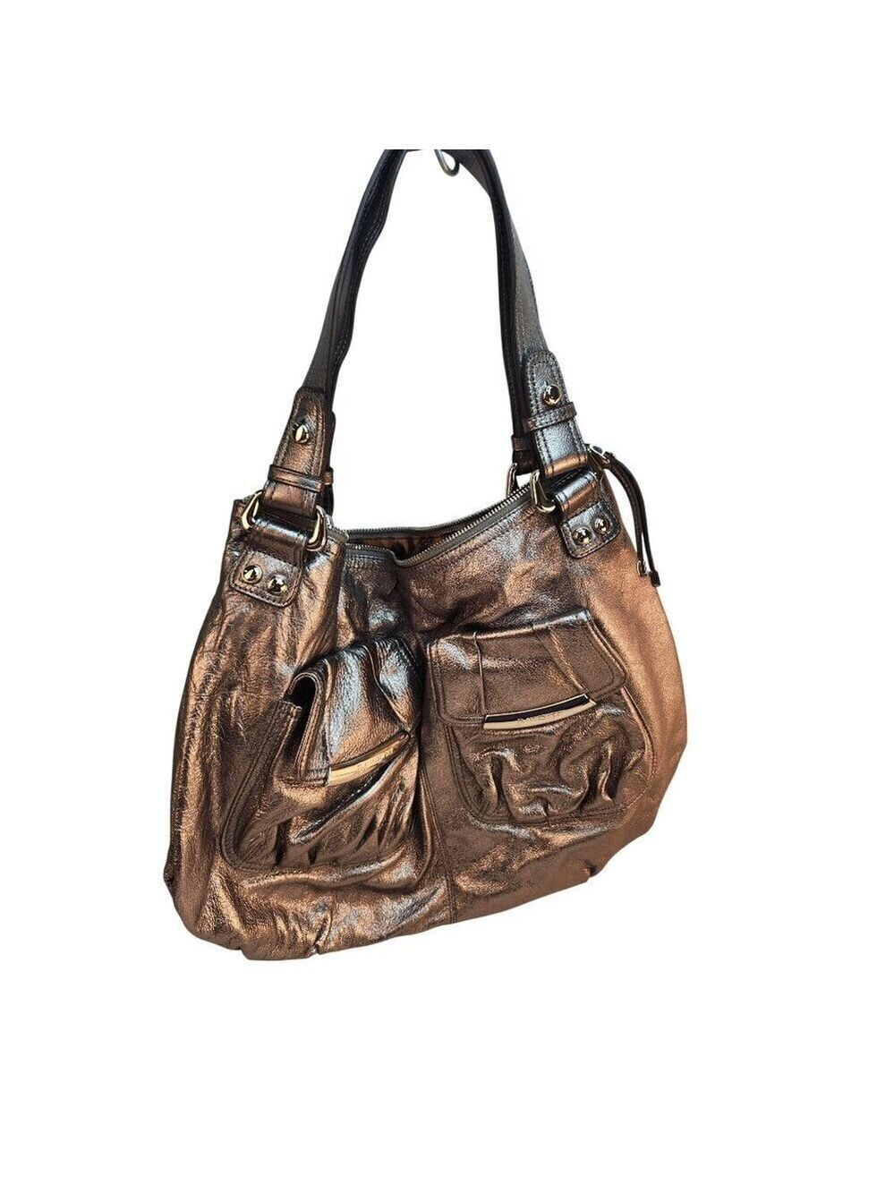 Metallic Silver B. Makowsky Genuine Leather Tote Shoulder Bag With Leopard Print